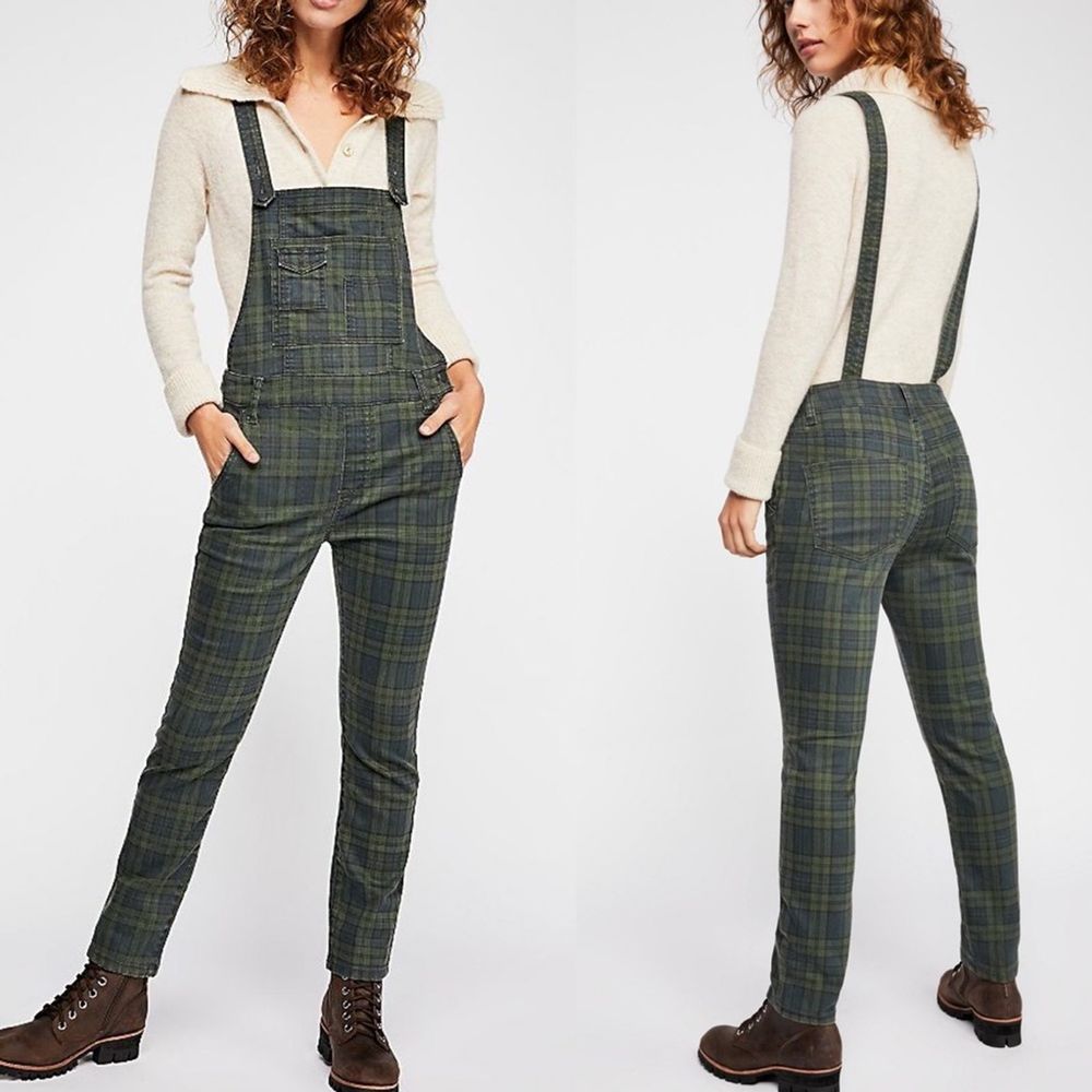 NEW Free People Washed Plaid Denim Overalls